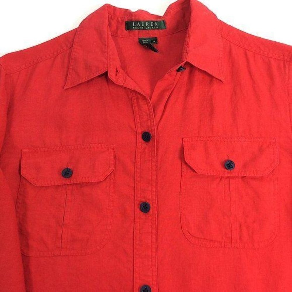 4/$25 RALPH LAUREN Nautical Red Button Down Linen Roll Tab Sleeve Shirt Women M - Picture 4 of 13
